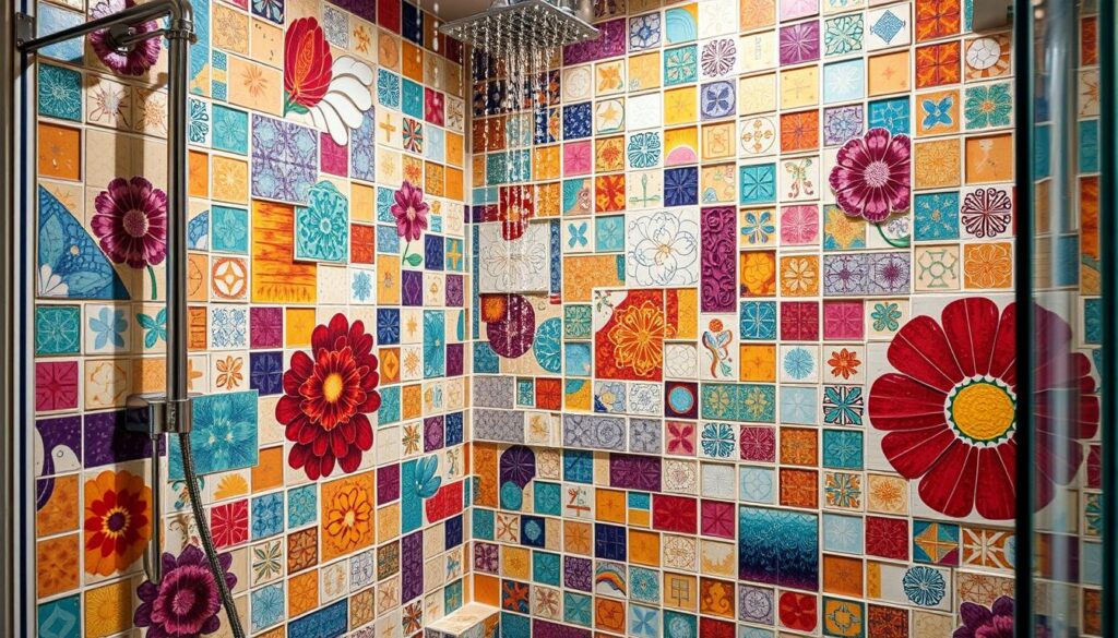 Painted tiles in shower