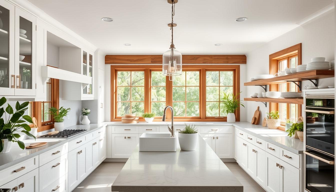 modern farmhouse kitchen with white cabinets