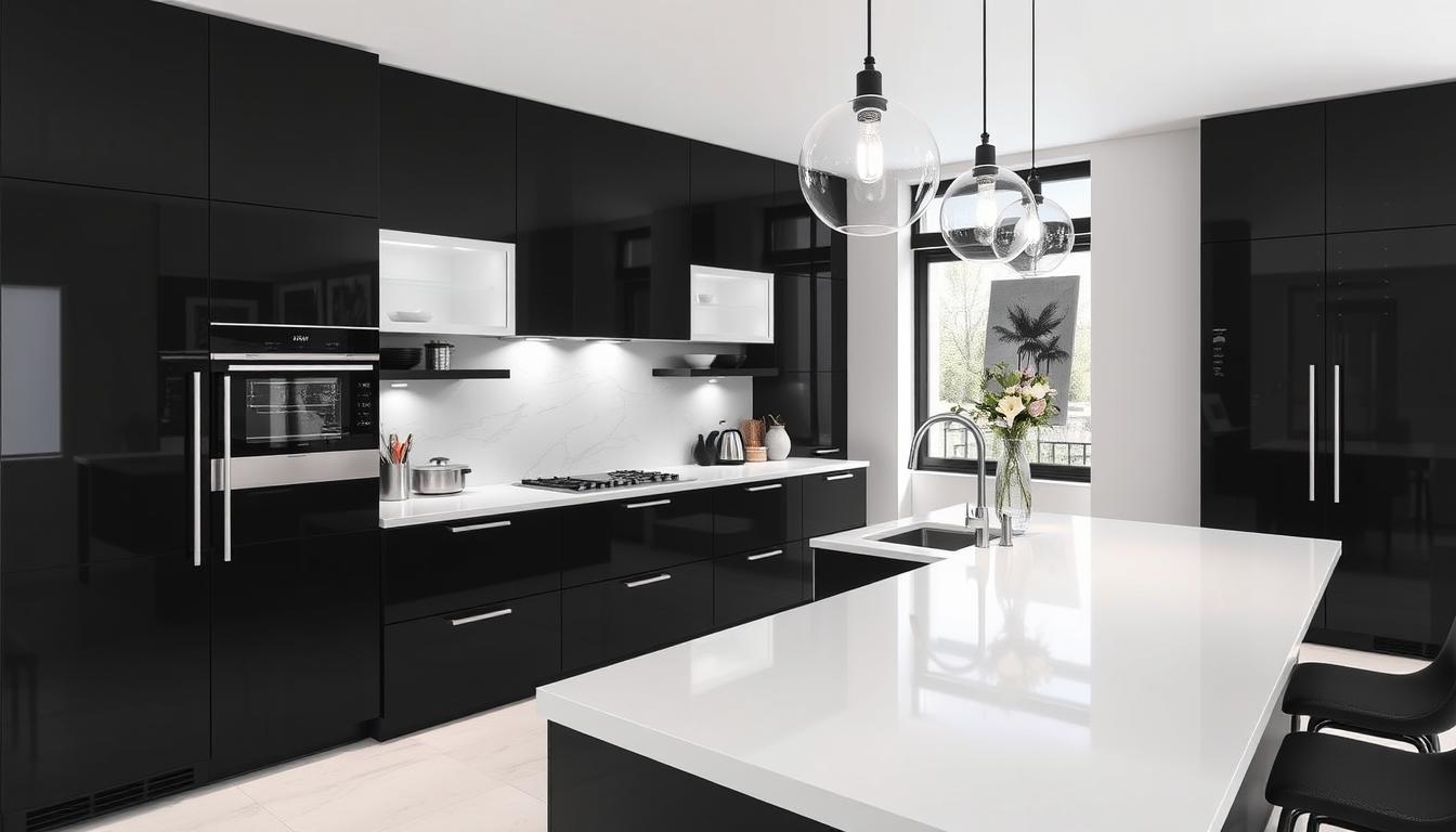 black kitchen cabinets with white countertops