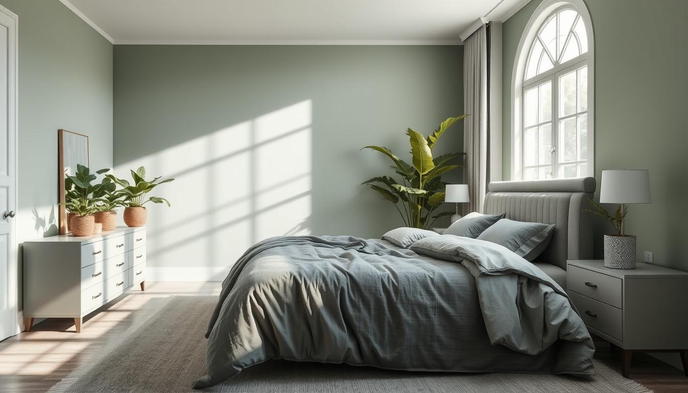 green and gray bedroom