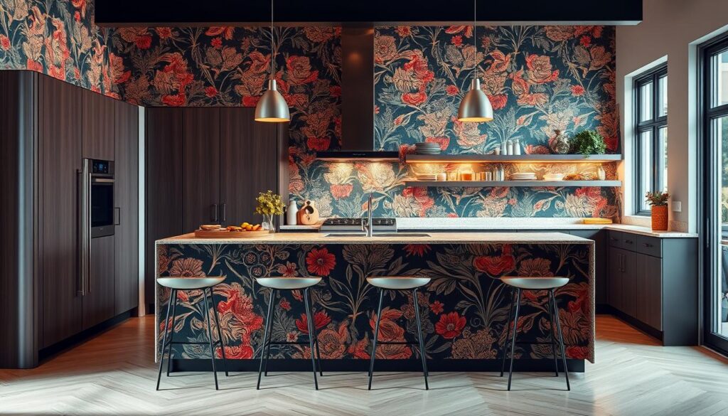 kitchen island wallpaper feature