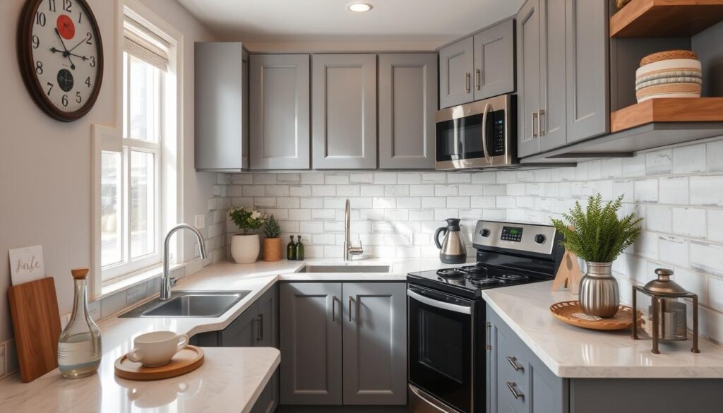 small kitchen with gray cabinets