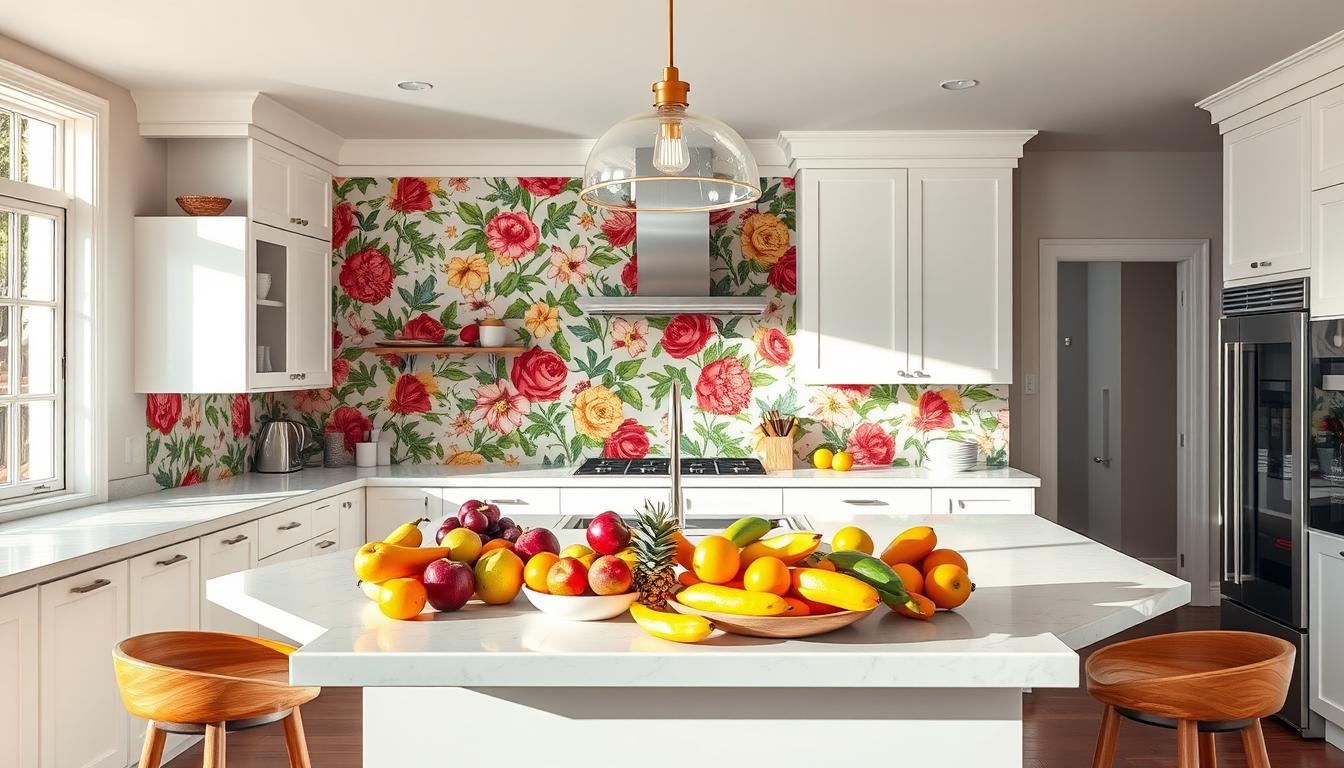 wallpaper on kitchen island